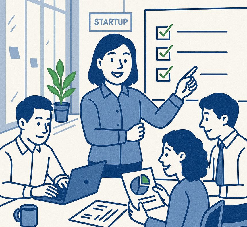 Illustration of a team meeting: a presenter points to a checklist while colleagues work on a laptop and review a chart