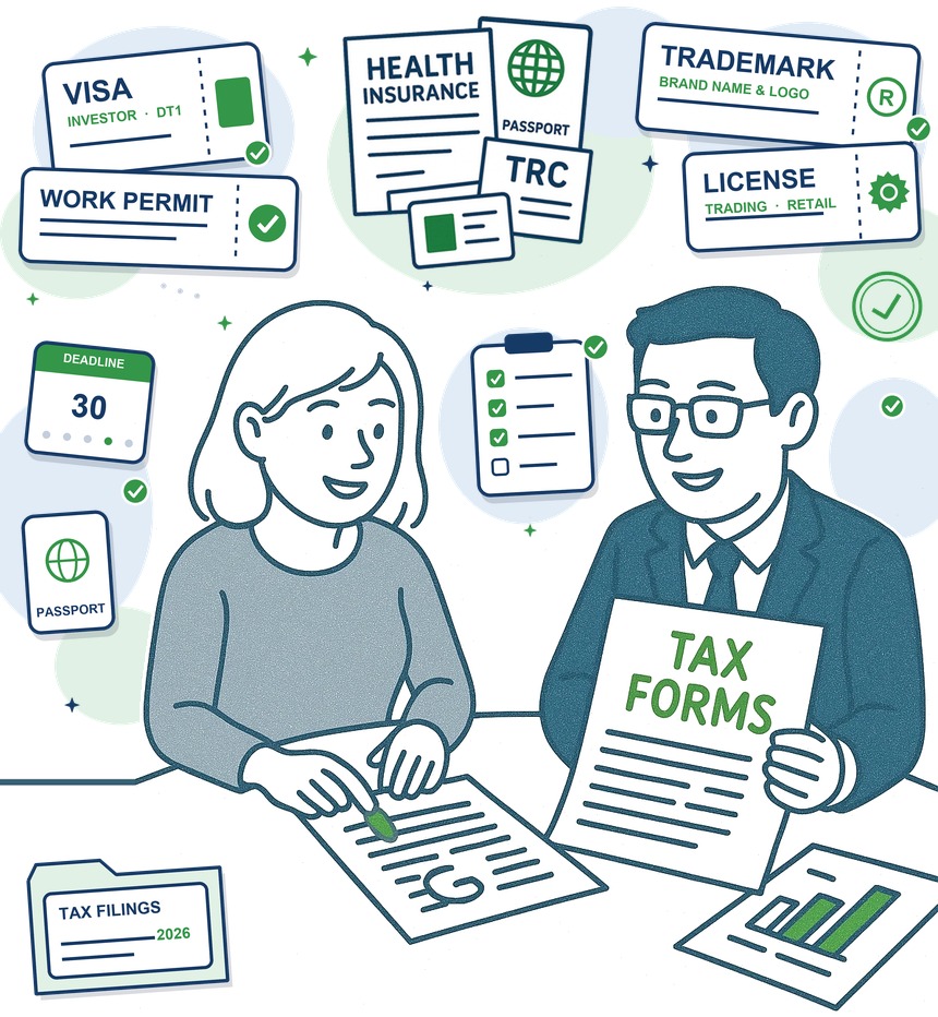 Illustration of two people working through tax forms, surrounded by visa, work permit, residence card, passport, trademark, license and compliance documents, a deadline calendar and a checklist