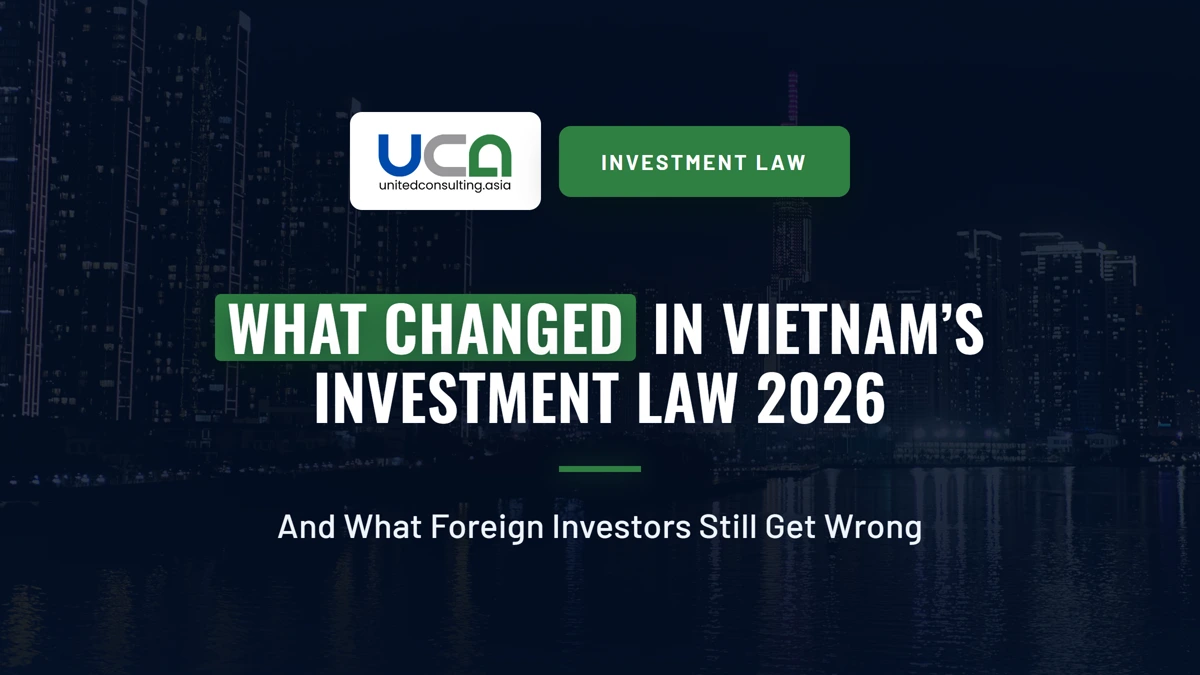 Blog cover: what the Law on Investment 2020 replacement changed for foreign investors in 2026. Night Ho Chi Minh City skyline, photo by lumopla