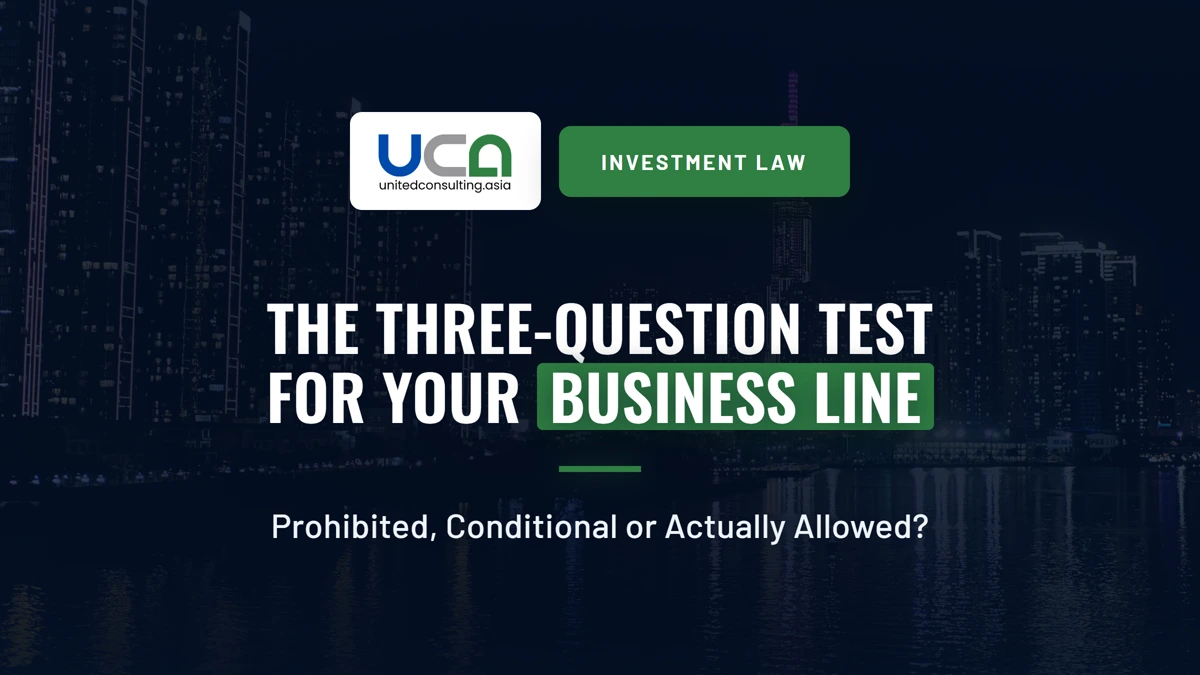 Blog cover: conditional business lines in Vietnam and the three-question test for your business line. Night Ho Chi Minh City skyline, photo by lumopla