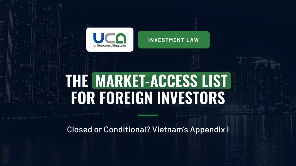 Blog cover: Appendix I, Vietnam's market-access list for foreign investors, explained. Night Ho Chi Minh City skyline, photo by lumopla