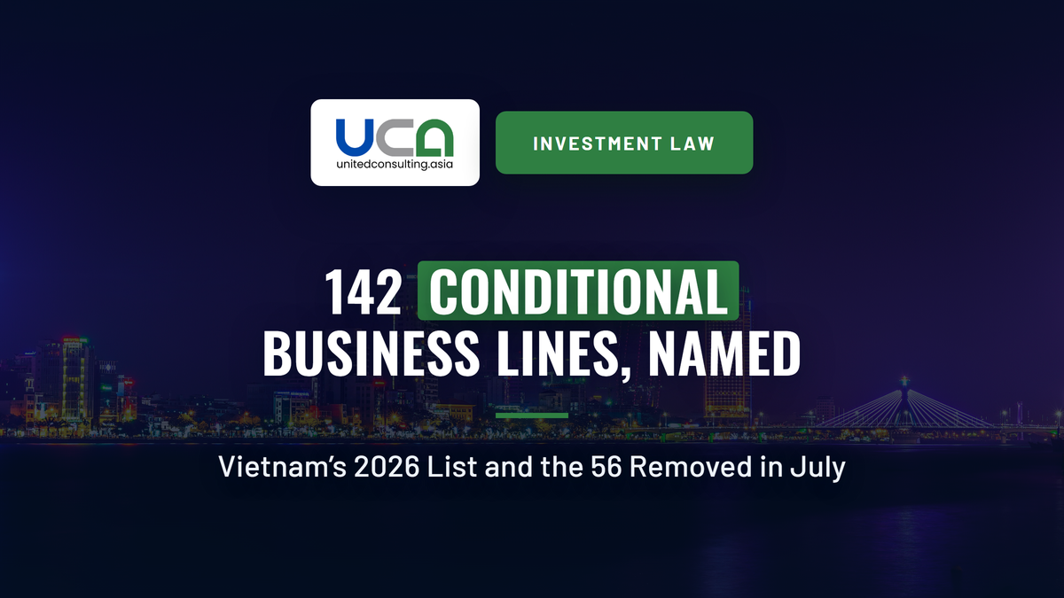Cover image: 142 Conditional Business Lines, Named. Vietnam’s full 2026 list, and the 56 removed in July. Legal 6 of the United Consulting investment law series.