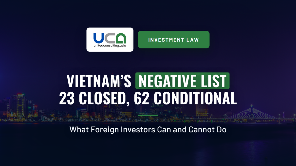 Cover image: Vietnam’s Negative List: 23 Closed, 62 Conditional. What foreign investors can and cannot do. Legal 7 of the United Consulting investment law series.