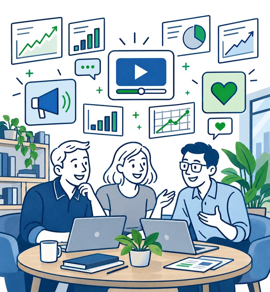 Illustration of a marketing team talking at a table with laptops, with campaign charts, a megaphone, a video and a like icon on the wall behind them