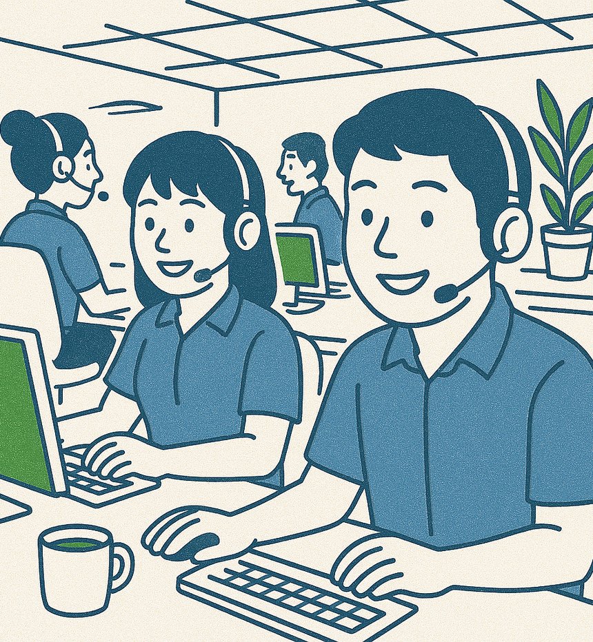Illustration of a sales and call team at work: smiling agents with headsets typing at their desks