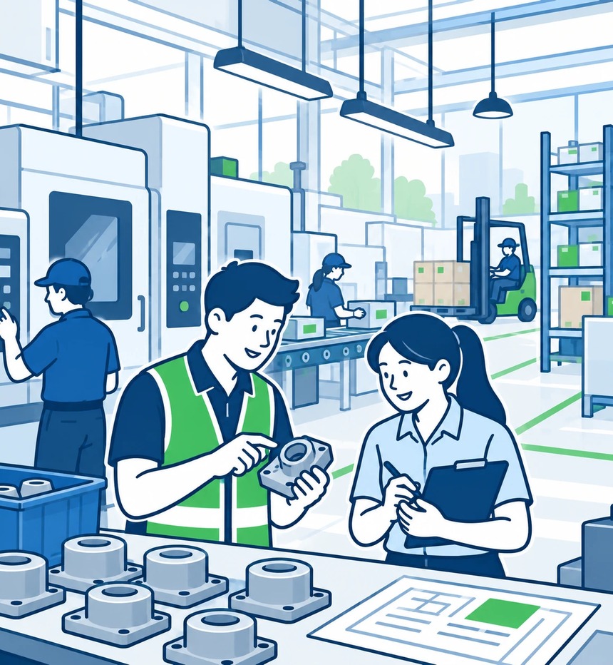 Illustration of a supply chain at work: a supervisor in a green hi-vis vest and a colleague with a clipboard inspecting a machined part on a factory floor, with CNC machines, a conveyor and a forklift behind them